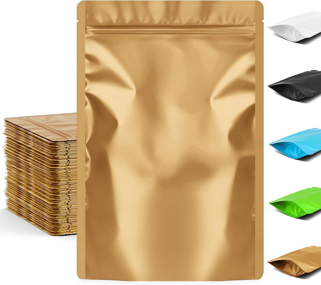 FUNFERY 3.5x5.1 inch Stand Up Mylar Resealable Bags for Food Storage,Smell Proof Foil Pouch,Food Packaging Sealable Bags,Mylar Zipper Bag for Jerky,Candy,Cereal,Coffee, Cards,Gold,50 Pack