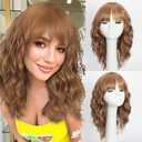 UNNYMGER Light Brown Wig with Bangs Short Wavy Wigs for Women Curly Bob Style Wear and Go Natural Synthetic Wigs for Halloween Costumes Cosplay Daily Party Use 16IN