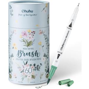Ohuhu Markers for Adult Coloring Books No Bleeding 60 Colors Coloring Markers Water-based Dual Tips Fineliner & Brush Drawing Pens Art Pens for Kids Adults Sketch Journal - Maui - White