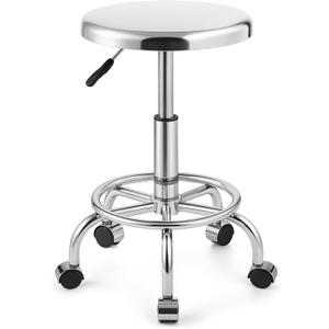 Heavy Duty Stainless Steel Stool for Work Bench, Adjustable Swivel Stool with 5 Wheels, 304 Stainless Steel Structure, Round Cushion, Load-Bearing 450 Ib, Pulley model