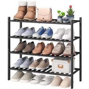 viewcare 4-Tier Black Bamboo Shoe Rack for Entryway, Stackable | Foldable | Natural, Shoe Organizer for Hallway Closet, Free Standing Shoe Racks for Indoor Outdoor