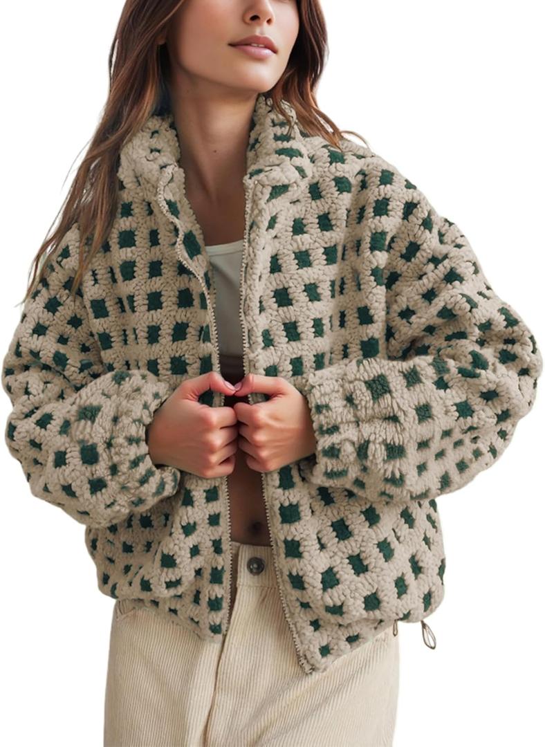 Lianlive Women Winter Sherpa Fleece Jacket Long Sleeve Zip Up Checkered Fuzzy Cropped Coats Warm Outwear with Pockets (Medium, Green)