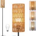 Floor Lamp for Living Room,Farmhouse Rattan Floor lamp,Modern Standing lamp with 3 Color LED Bulb,Black Tall Lamp with Foot Switch