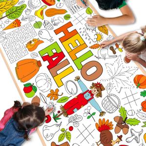 Qyeahkj Giant Coloring Poster Hello Fall Coloring Poster for Kids Jumbo Coloring Table Cover Large Coloring Table Cloth Fall Party Game Supplies Wall Banner Thanksgiving Halloween Decoration 71 x 30in