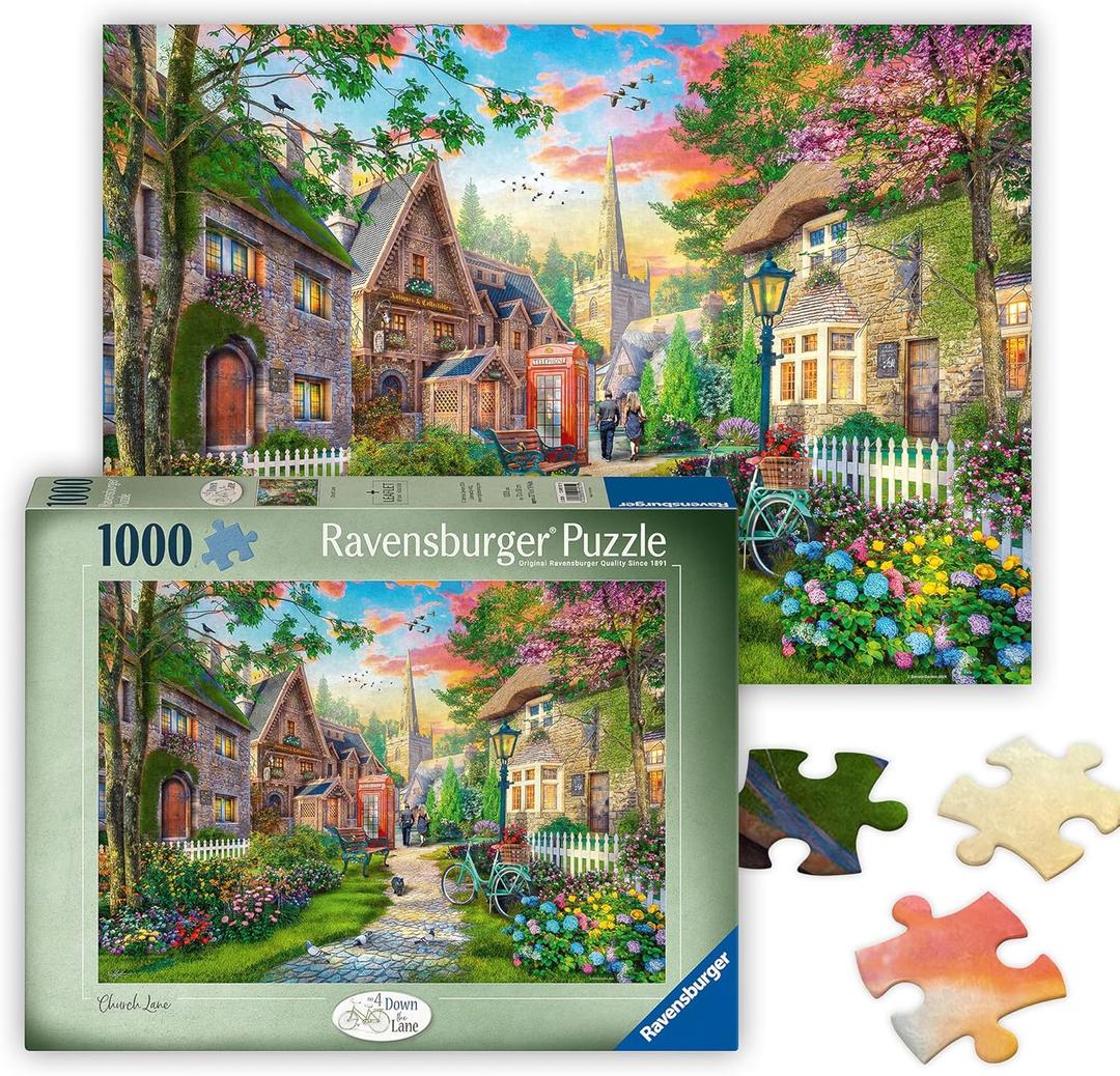 Ravensburger - Church Lane - 1000 Piece Jigsaw Puzzle - Charming English Village Church - Bright, Peaceful Imagery - Frameable - Premium Quality - Puzzles for Adults