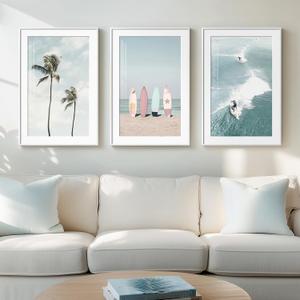 Framed Coastal Wall Art for Living Room, 3 Piece Beach Surfboard Palm Tree Artwork for Walls, Large Ocean Surfing Seascape Picture Prints, Beach Coastal Wall Decor for Bedroom Hallway Office, 16x24 In