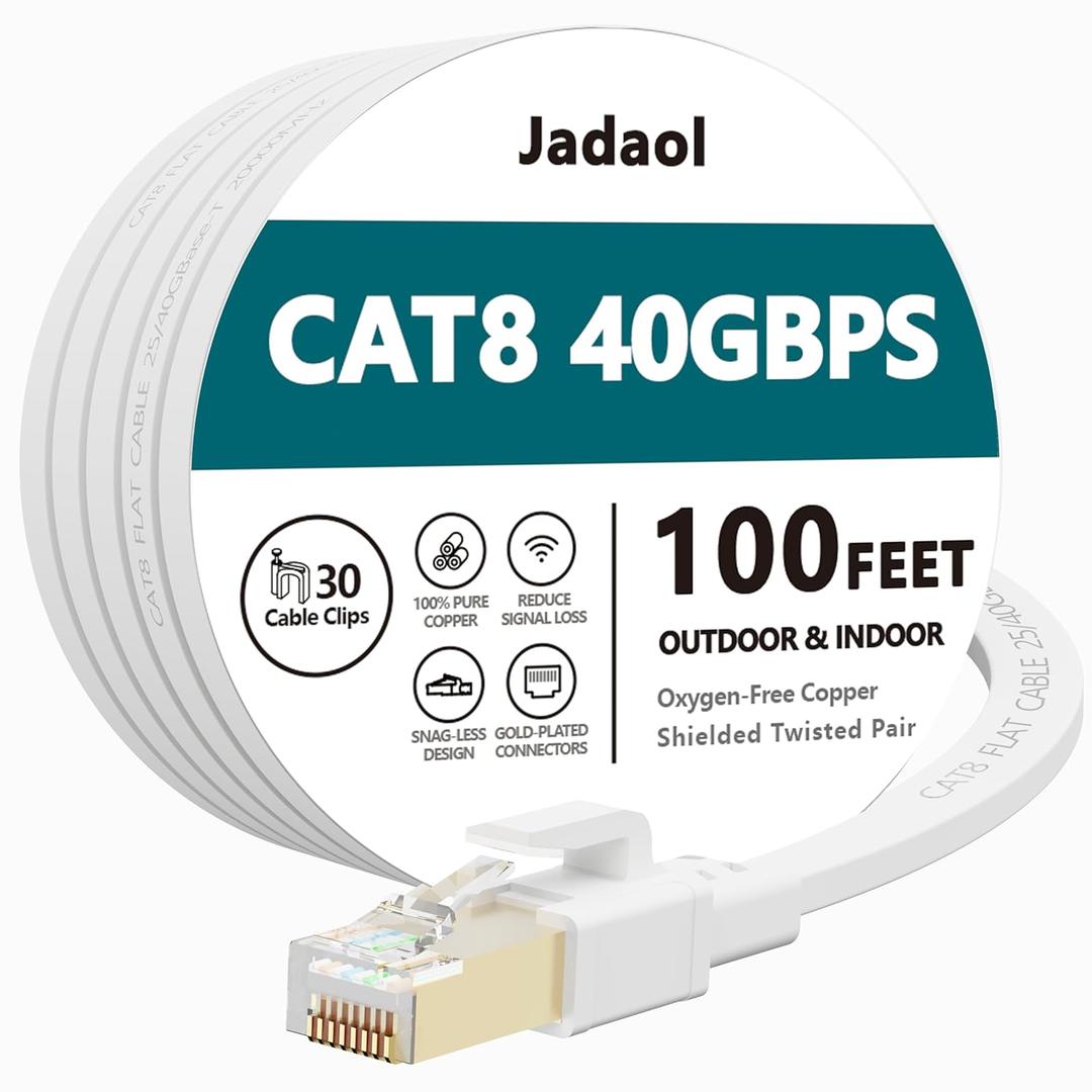 Jadaol Cat 8 Ethernet Cable 100ft (30.48m), 40Gbps 2000MHz Flat S/FTP LAN Patch Cable, High-Speed Cat8 Network Cable for Router, Modem, Switch, Gaming Consoles, PC, Smart TV & Streaming Devices, White