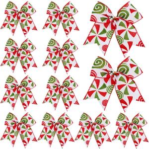 DIYDEC 12pcs Christmas Bows Decoration 6.3 Inch Christmas Candy Wreaths Bows Red Green Xmas Tree Bow Ribbons Ornaments for Garland Wedding Home Holiday Indoor Outdoor Party Decor (Style 4)
