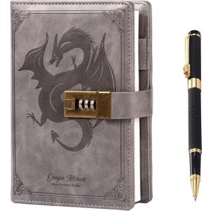 TIEFOSSI Dragon Leather Journal with Pen, Diary with Combination Lock, Lined/Blank Paper Notebook, B6 Writing Journals Stationery (Gray)
