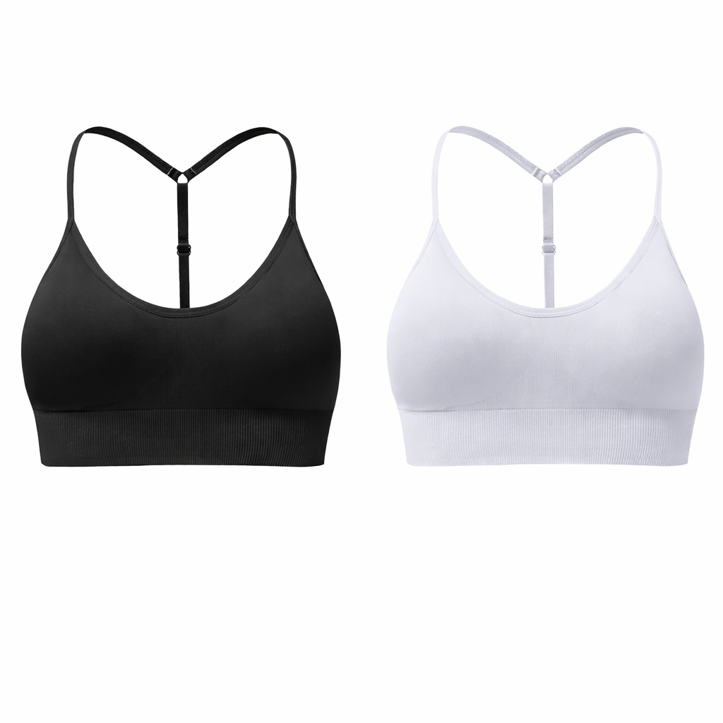 Women's Sports Bras Adjustable Y Back Spaghetti Strap Racerback Padded Wireless Yoga Workout Tops (X-Large, Black White)