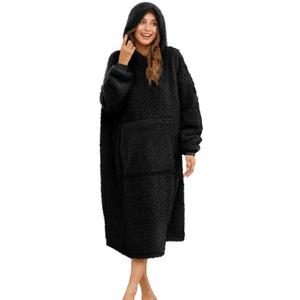 Sherpa Wearable Blanket Oversized Hoodie Sweatshirt TV Blanket with Long Sleeves and Pocket (Black, One Size)
