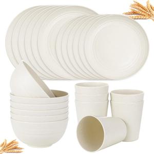 supernal 24pcs Wheat Straw Dinnerware,Unbreakable Dinner Plates Set,Microwave Dishwasher Safe,Beige Reusable Plates for Picnic,Birthday,Camping 