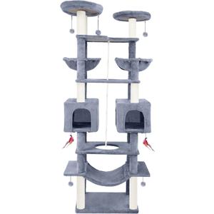 71in Multifunctional Multi-Level Cat Tree Tower for Indoor Cats,Cat Tree with Hammock,2 Condos,2 Hanging Baskets,2 Feather Toys,3 Perches,5 Hanging Balls,7 Scratching Posts,Grey