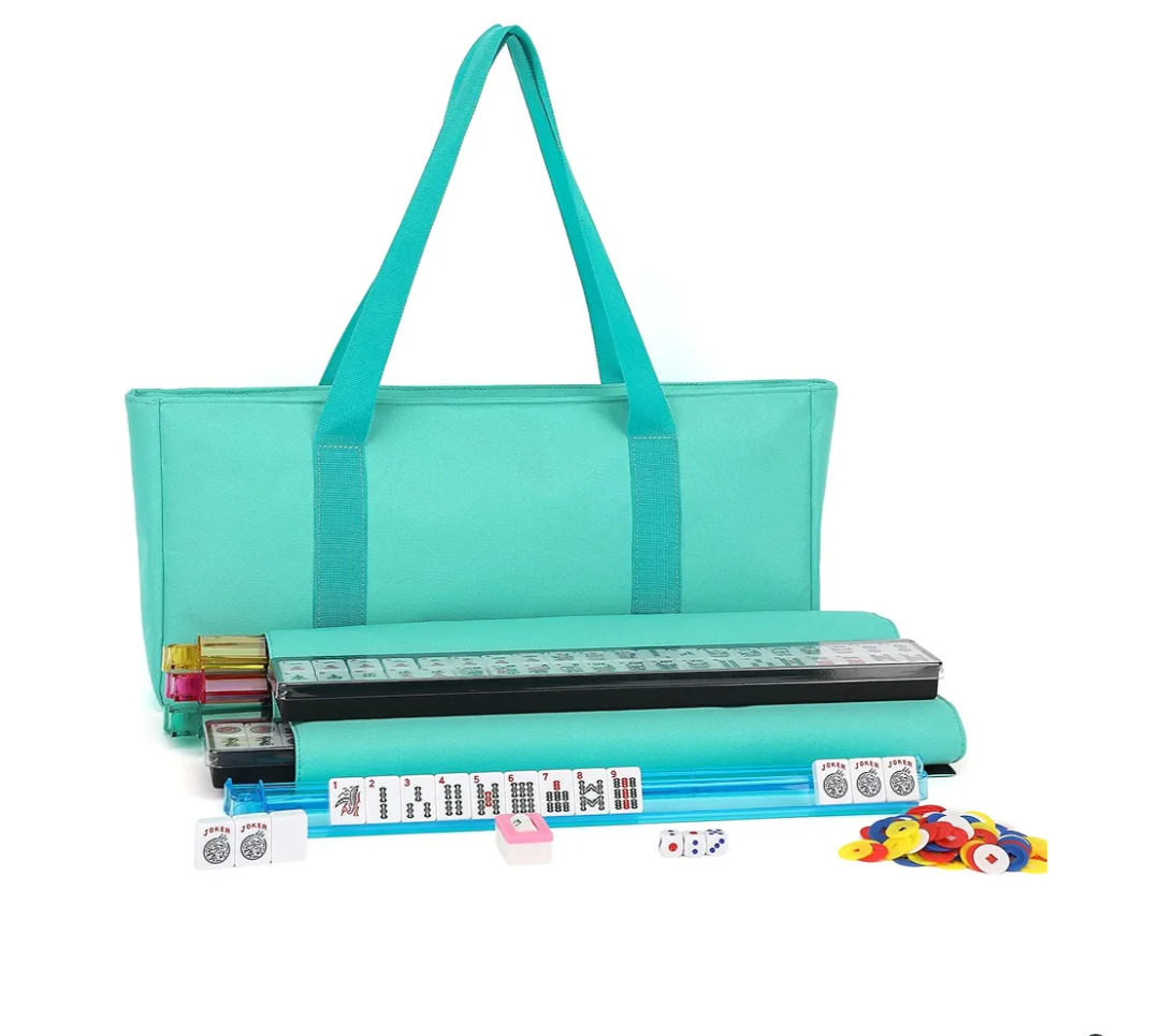 Mahjong Tile Set,166 White Tiles Mahjong Set, 4 All-in-One Rack/Pushers, American Mahjong Set with Green Carrying Bag