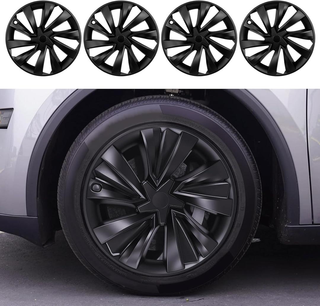 Hubcaps Fit for Tesla Model Y Juniper 2025 2026, 19" Matte Black Wheel Covers with Center Caps, Cross-Spoke Design Rim Covers, Easy Clip-On Installation for Model Y Juniper Accessories