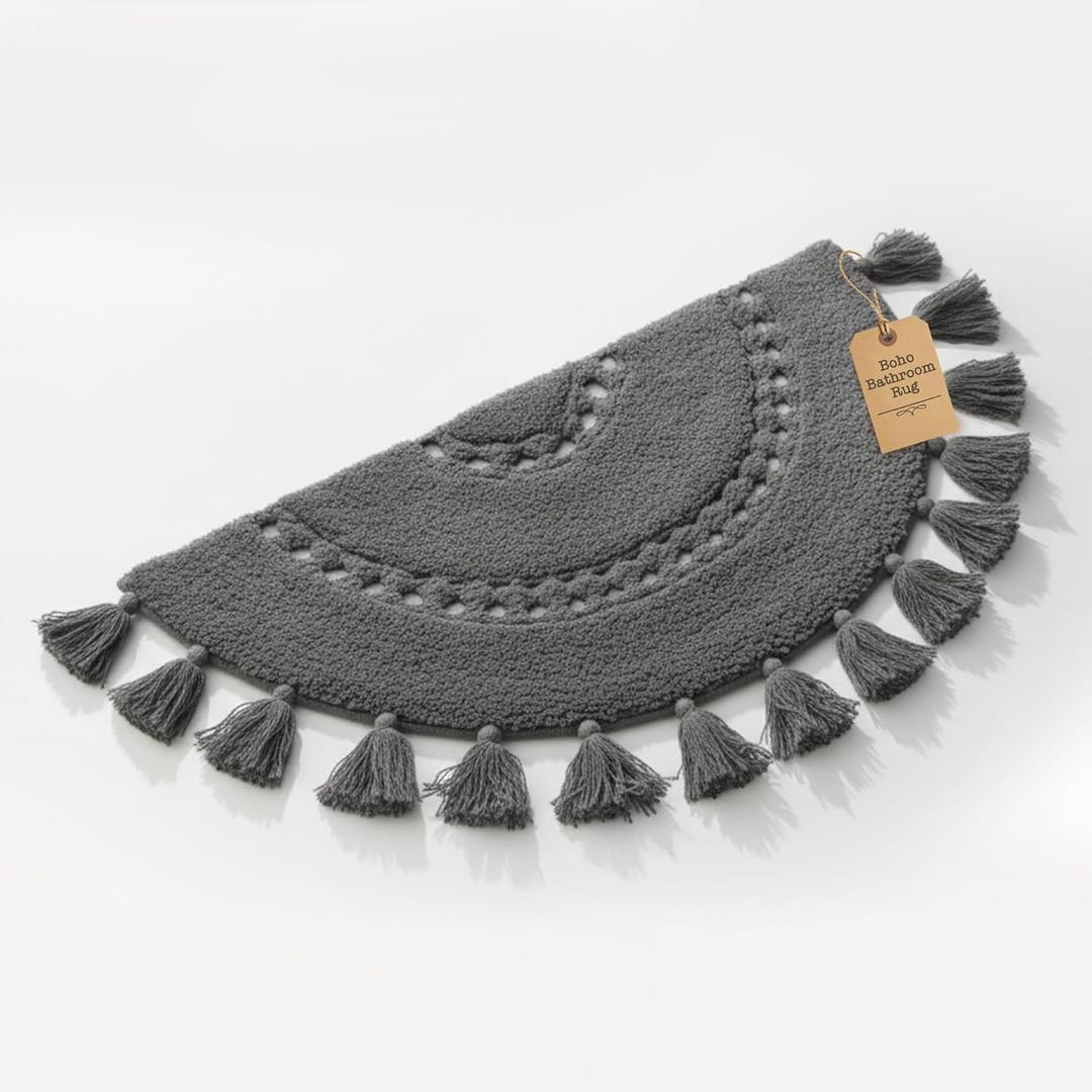 Boho Bathroom Rugs - Half Circle Cotton Mat with Crochet Insert and Tassels - Non-Slip Bohemian Accent for Bedroom, Entryway, or Bath - Dark Charcoal 42x22 Soft Machine Washable Decorative Rug