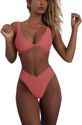 geluboao Bikini Set for Women Solid V Neck Knot Front Push Up High Leg Thong Two Piece Swimsuit L