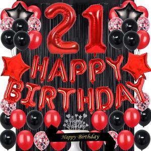 21ST Birthday Party Decorations Supplies Red Black Later Balloons Happy Birthday Cake Topper Sash Foil Black Curtains Foil Star Balloons Number Red 21