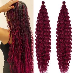Deep Wave Crochet Hair Ocean Wave Braiding Hair Boho Braids Synthetic Burgundy Curly Wavy Braiding Hair Pre Stretched 24 Inch 2 Packs Bohemian Crochet Braids Hair Extensions