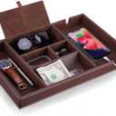 Baoyun Mens Nightstand Organizer, Leather Valet Tray for Men, EDC Catchall Tray with Phone Charging Station, Dresser Top Organizer, 6 Compartments Entryway Valet Box for Wallet, Keys, Phone