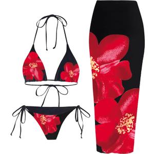 ZAFUL Womens 3pcs Swimsuit Floral Halter Triangle Bikini Top Tie Side Bottom with Long Sheer Cover Up Skirt (Medium, 02-black)