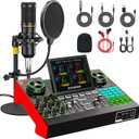 Podcast Microphone Bundle with Live Sound Card Audio Mixer, Podcast Equipment Bundle with 3.5mm Condenser Microphone for Pc/Phone Live Streaming Singing Gaming, Sound Board with Voice Changer, Denoise