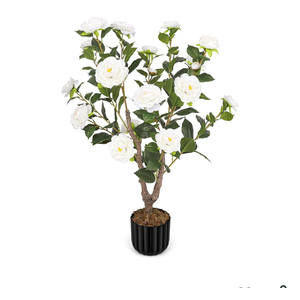 Artificial Camellia Tree for Indoor and Outdoor, Faux Flower Tree Plant in Pot Fake Topiaries for Home Front Porch Decor(1, White)
