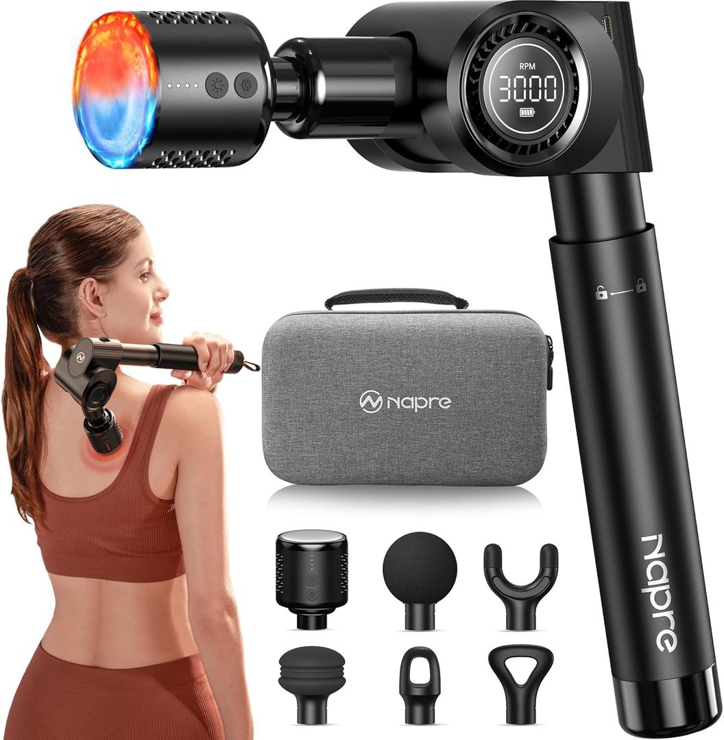NAPRE Massage Gun with Heat and Cold Head,Deep Tissue Handheld Percussion Back Massager for Muscle/Neck/Body Pain Relief with Long Extension Retractable Handle,32Speeds,Foldable,5 Adjustable Angles, Gloss Black