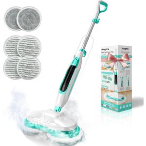 Scrubbing Steam Mop with Rotating Mop Pads, All-in-One Hard Floor Cleaner with LED Headlights, Steam & Spin Control, 6 Soft Scrub Pads, Swivel Steering, FS07 (White)