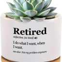 Retired Definition Retirement Gifts Ceramic Succulent Plant Pot with Bamboo Tray Round Coworker Boss Home Office Decor Plant Lover 3.5 Inch White (No Plants)