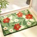 Bath Mat, Flower Pattern Bath Mats for Bathroom, Non-Slip, Machine Washable, Fit Under Door, Absorbent Bath Rugs, Shower Outside, Home Decor Accessories. (16"x24") (Red Flowers and Green Leaves)