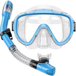 Snorkel Set Adults Snorkeling Gear Anti-Fog Panoramic View Swim Mask Dry Top Snorkel Kit with Carry Bag for Snorkeling Scuba Diving Swimming Travel (Light Blue+Transparent)