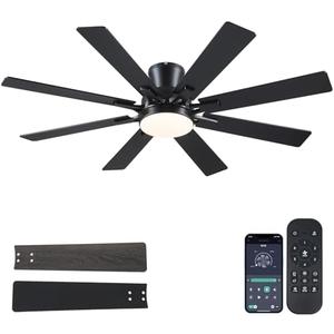 Ceiling Fans with Lights- 52" Low Profile Indoor Ceiling Fan with Light and Remote/APP Control, 8 Blade,Flush Mount, LED Dimmable DC Reversible Modern Ceiling Fan for Bedroom（Black）