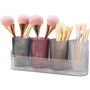 DASITON Makeup Brush Holder Organizer with 4 Cup, Vintage Striped Make Up Brush Holder for Vanity, Bathroom Toothbrush Holders, Acrylic Cosmetic Brushes Storage Organizer Pen Holder (Clear+Multicolor)