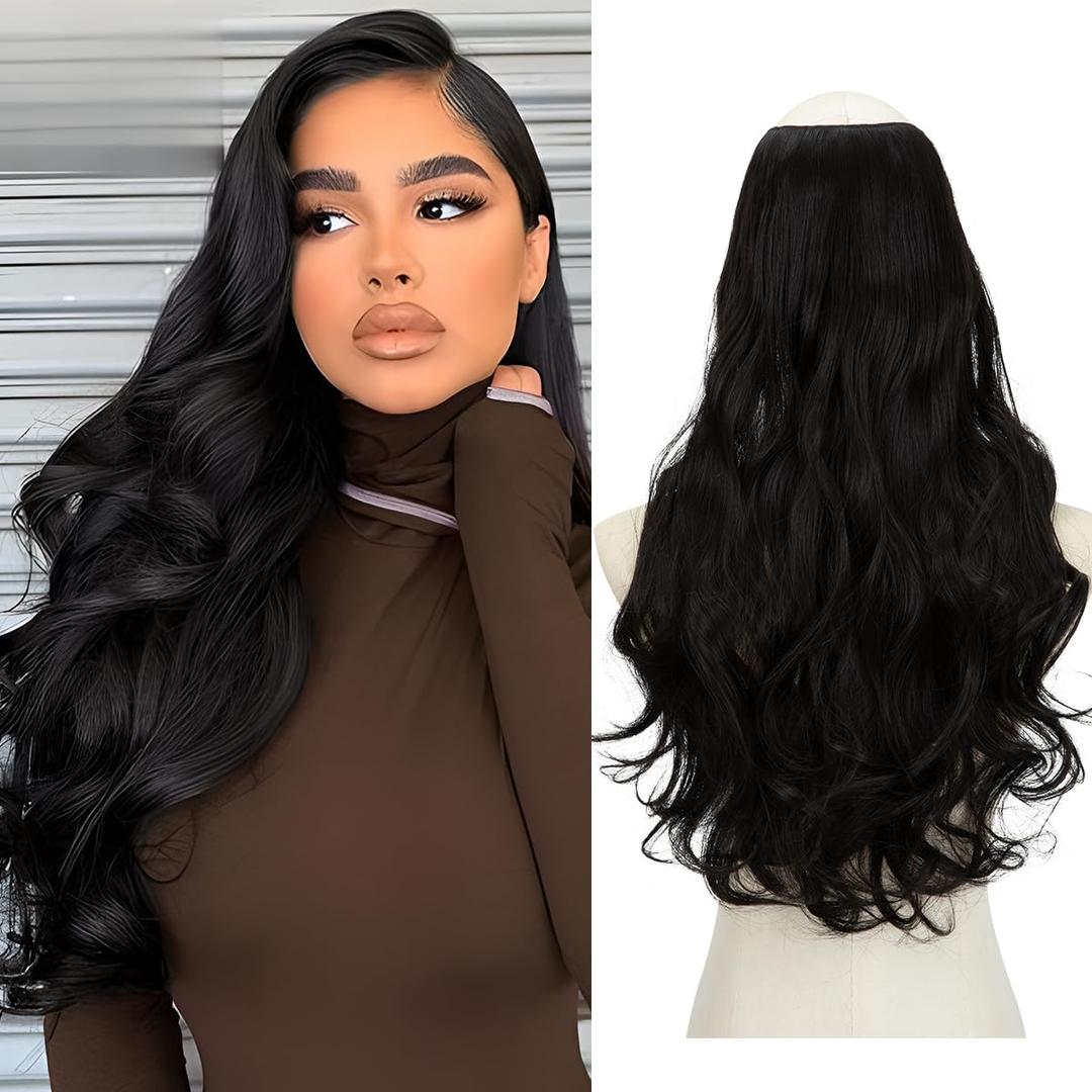 SARLA Clip in U Part Hair Extensions Synthetic Long Wavy Curly Thick Full Head Hairpiece for Women Off Black 24 Inch