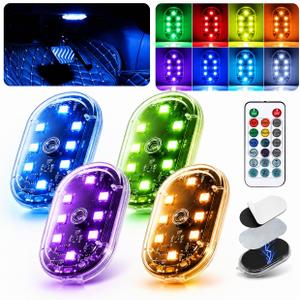 4Pcs Magnetic LED Interior Car Lights 8 Colors RGB Wireless Ambient Lighting with Remote & Touch Control, USB Rechargeable Portable Strobe Nightlight for Footwell Door Dash Glove Box Car Truck SUV