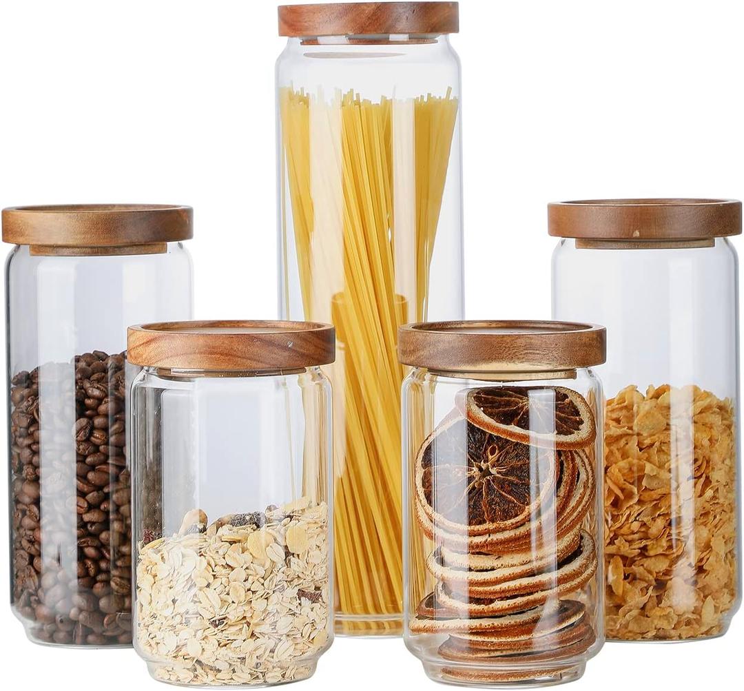 Glass Storage Jars with Wood Lid [Set of 5], Airtight Food Containers Stackable for Coffee Beans| Nuts| Pasta (25oz*2+34oz*2+54oz)