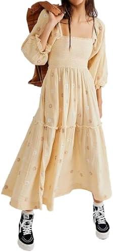 ABYOVRT Women Floral Embroidered Maxi Dress Long Puff Sleeve Square Neck Bohemian Flowy Dress with Pockets Summer Fall, and T-Shirt L