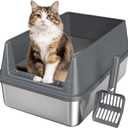 Stainless Steel Cat Litter Box, Odor Free Metal Litter Box with High Sides Lid, Open Top Low Entry Litter Pan Include Scoop Easy Cleaning Anti-Scratch Kitty Cat Box Anti-Urine Leakage, Non-Sticky (Medium, Dark Grey(17.5 in))