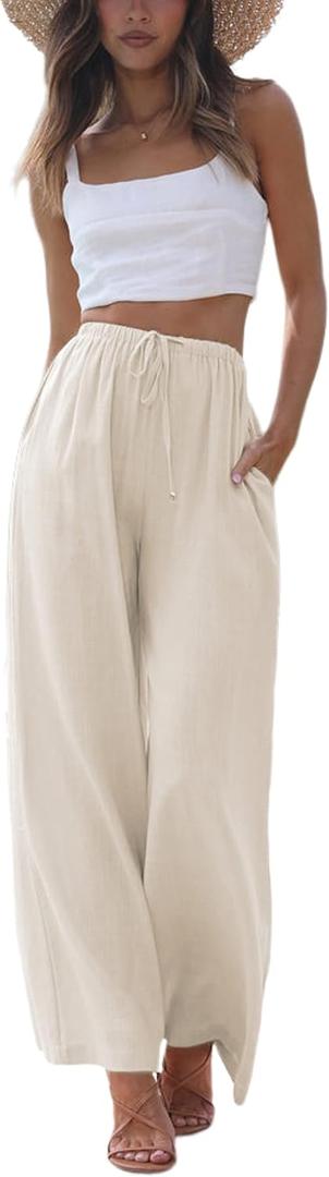 Faleave Women's Cotton Linen Summer Palazzo Pants Flowy Wide Leg Beach Trousers with Pockets, S