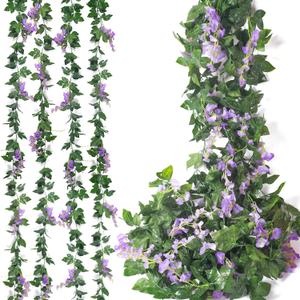 Mavee 28.8ft Artificial Wisteria Vine Garland (4x7.2ft), Silk Hanging Flowers Decor for Wedding Arch, Home Floral Arrangements - Lavender