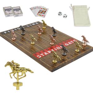 HOROW Horse Racing Game - Wooden Horse Race Board Game with 11 Luxury Metal Horses 2 Dice and 2 CardsFast-Paced Strategic for Family Night and Party - Perfect Birthday&Holiday Gifts (Flame1)