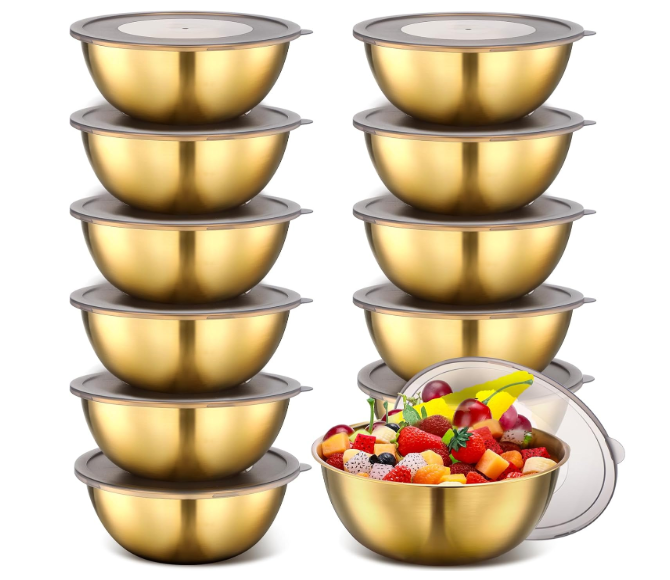 Nuogo 12 Pack 8.27 inches Gold Mixing Bowls with Airtight Lids Gold Serving Bowl Metal Salad Fruit Bowls Stainless Steel Soup Bowls Kitchen Accessories for Lunch Snack