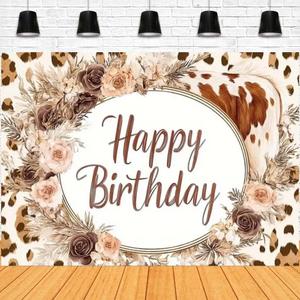 Boho Happy Birthday Backdrop Bohemian Style Highland Cow Birthday Backdrop Suitable for Wagyu Farm Livestock Party Banner Bohemian Pampas Grass Floral Party Cake Table Decorations (A, 7x5feet)