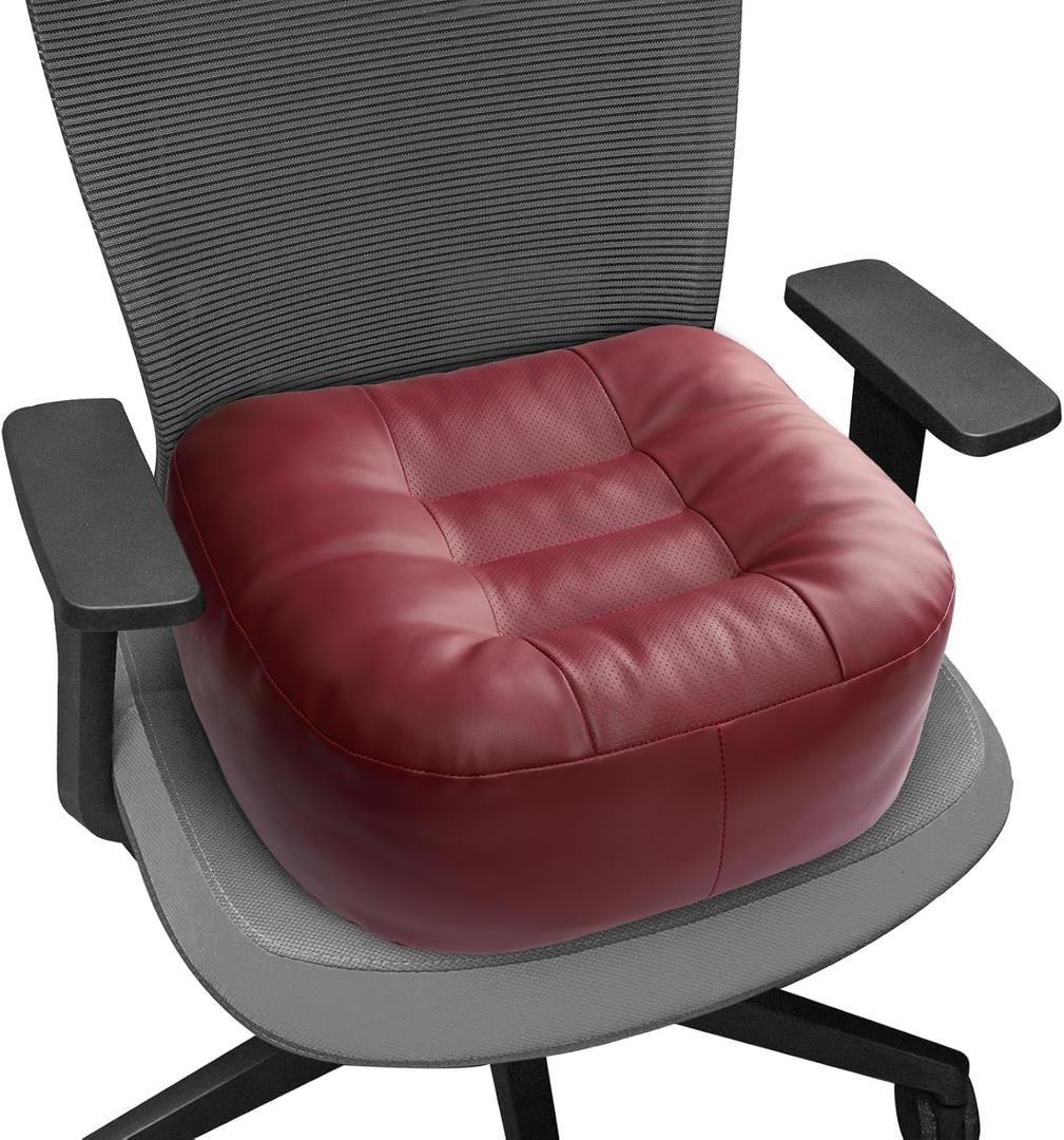 YOUFI Leather Seat Cushion Extra-Thick Booster for Office Chair to Rise Height - Full Filling for Support - with Breathable Cover, Handle and Buckle - Relieves Back Pain 18"x16"x6" (Red)