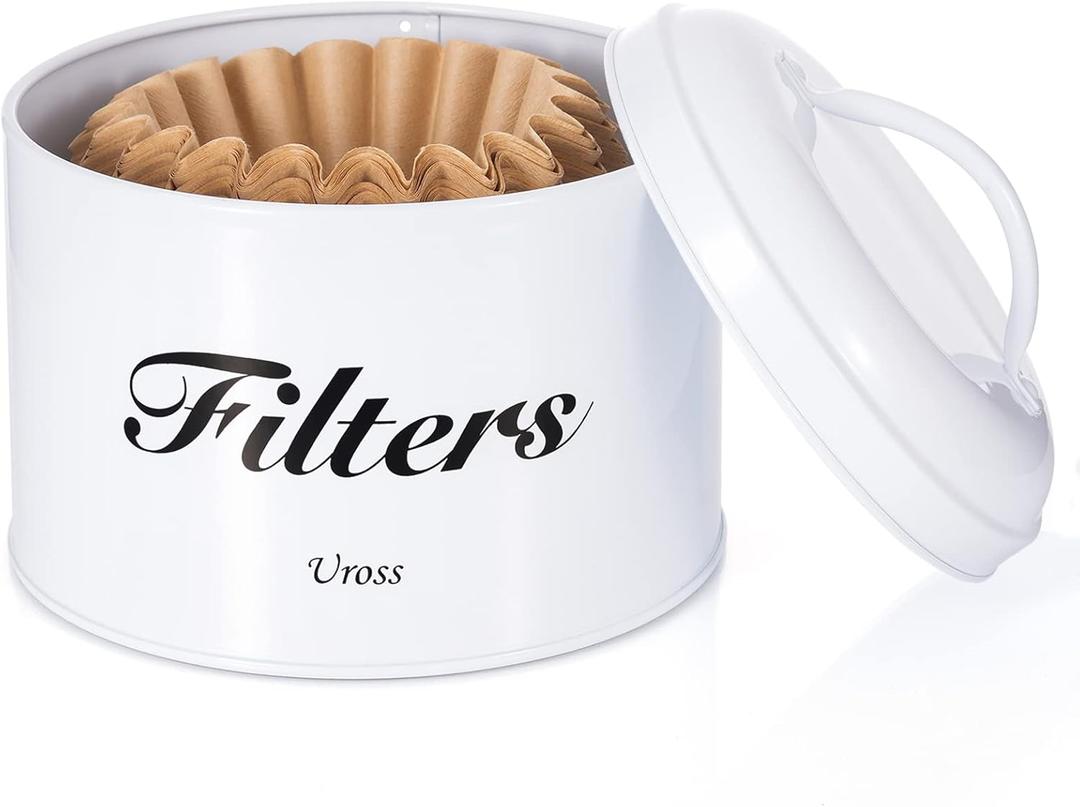 Uross Coffee Filter Holder Storage with Lid- Rustic Container Basket Round Filters Storage Canister Filters Organizer Case Dispenser Coffee Bar Accessories Decor (White) (Circle)