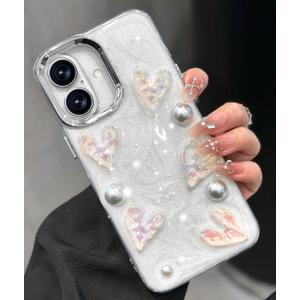 Toycamp for iPhone 16 Case Cute - Women Girly Girls Glitter Phone Cover 16 Kawaii Sparkle Bling Shine Aesthetic Pretty Unique Wave Design Funda for Apple 16, Heart