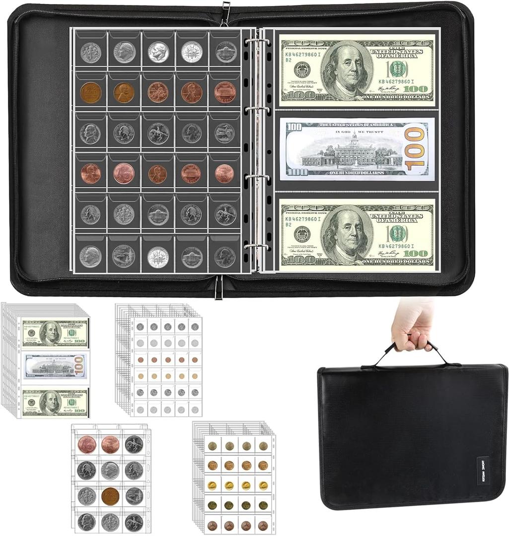 Coin Collection Book Holder Organizer - 410 Pockets Coins Collection Supplies Album for Collector 36 Sleeves Money Storage Case Fireproof Coin Currency Collection Bill Pennies Cash Black