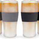 HOST Freeze Beer Glasses, 16 ounce Freezer Gel Chiller Double Wall Plastic Frozen Pint Glass, Set of 4, Black and Grey