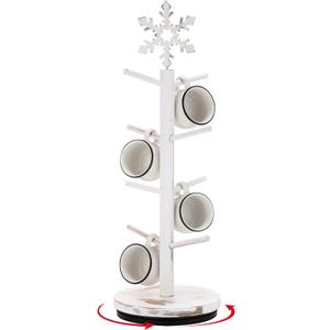 Christmas Tree Coffee Mug Holder 8 Hooks Snowflake Mug Holder for Countertop Snowflake Cup Rack Wood Christmas Tree Display for Kitchen Coffee Accessories (Retro White)